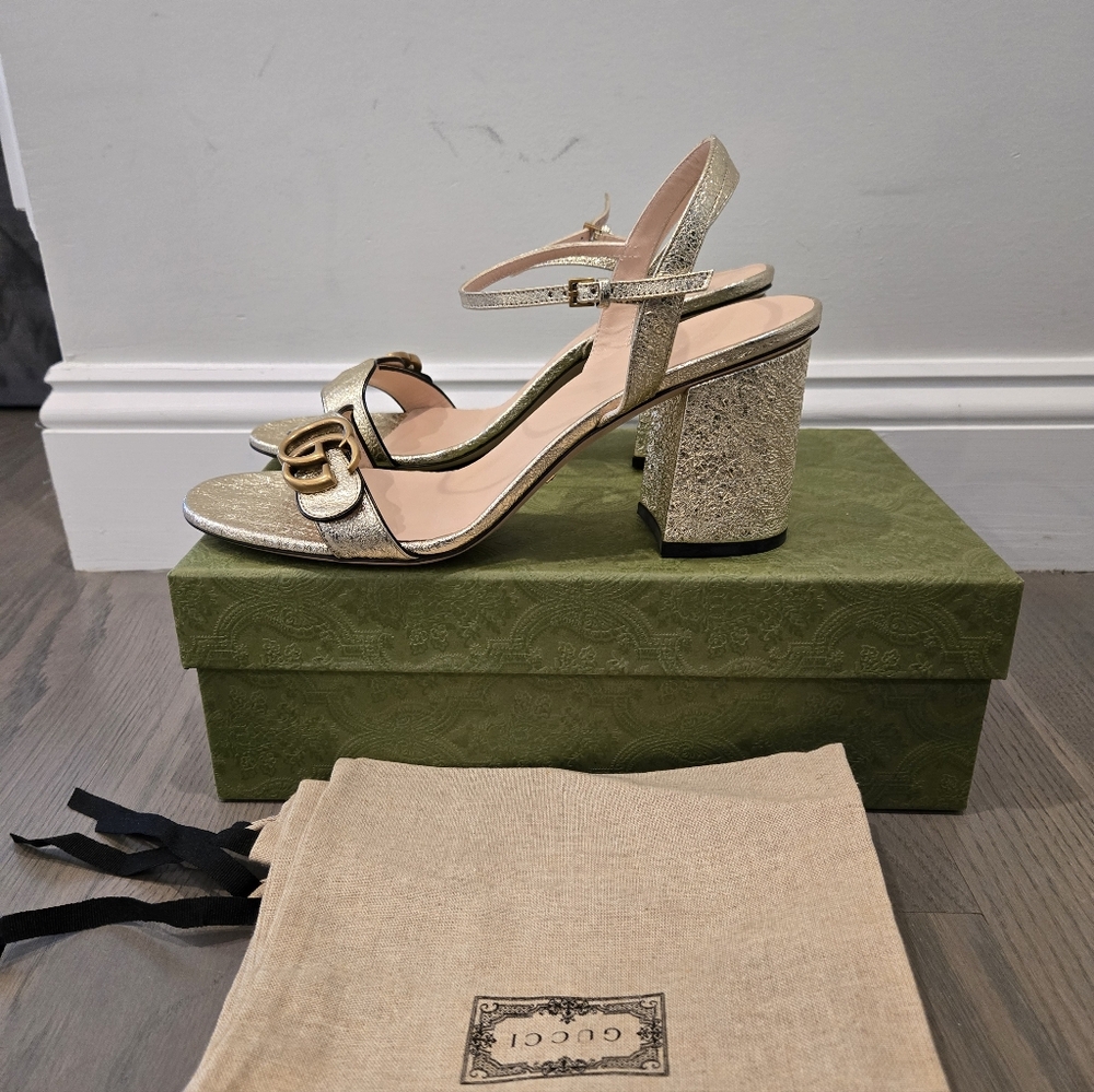 $920 Gucci Marmont GG Metallic Gold Leather Block Heel  Sandals EU 41.5 US 11.5 - Picture 6 of 12
